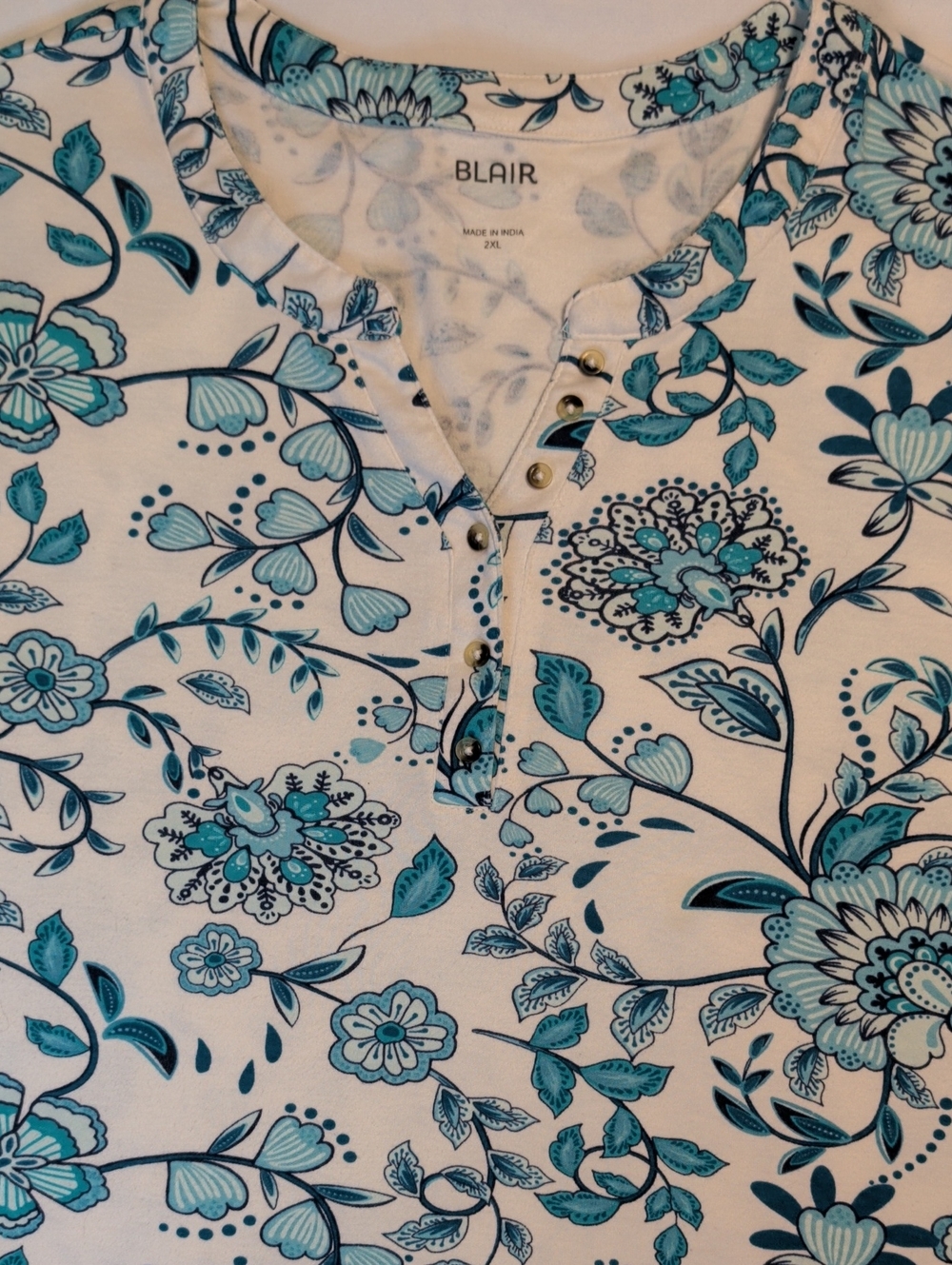 Blair 2 XL White Henley with Teal Floral Print V Button Neckline